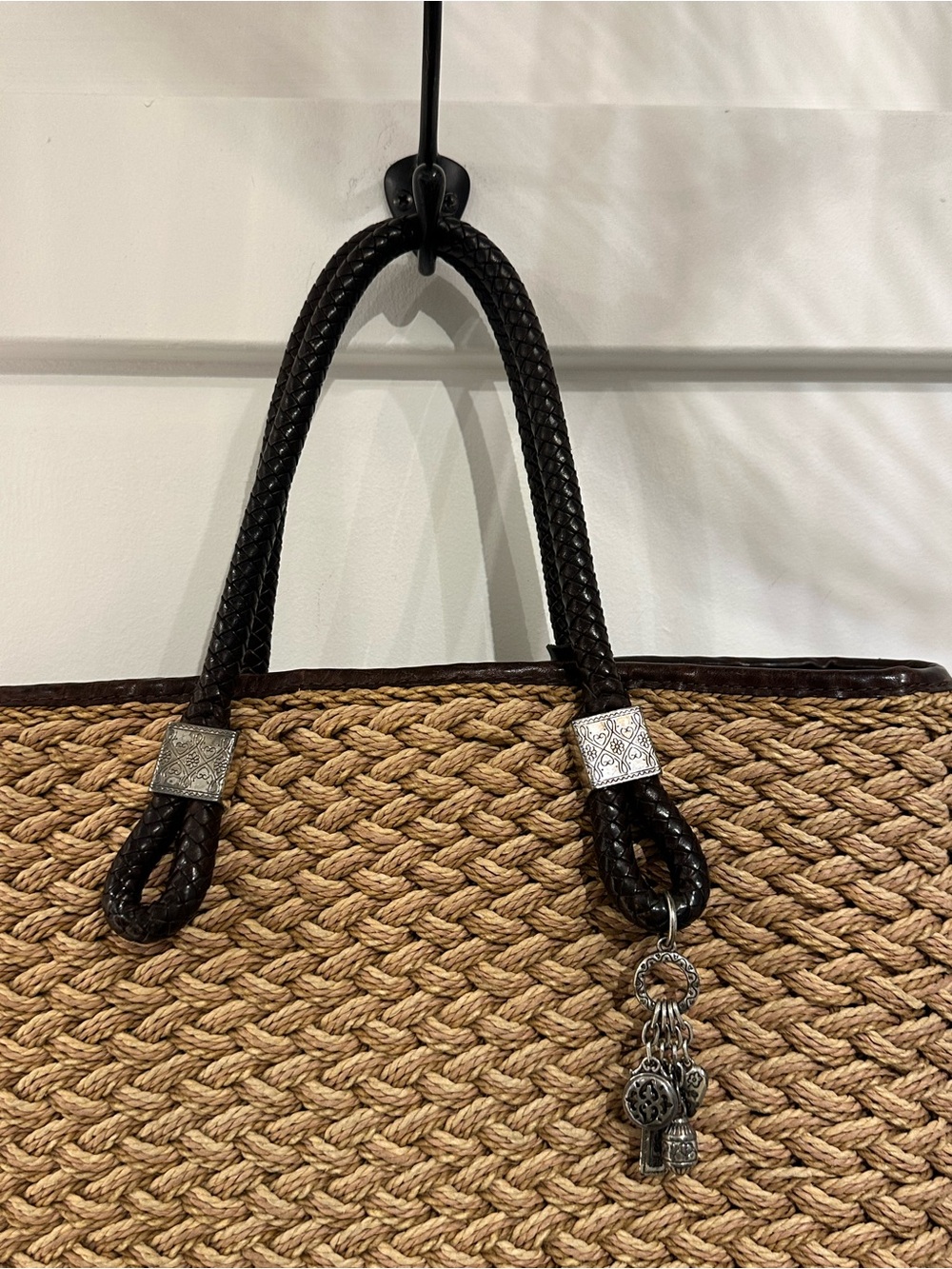 Brighton Braided Straw Tote with Dark Brown Handles and Heart Charm - Picture 2 of 10